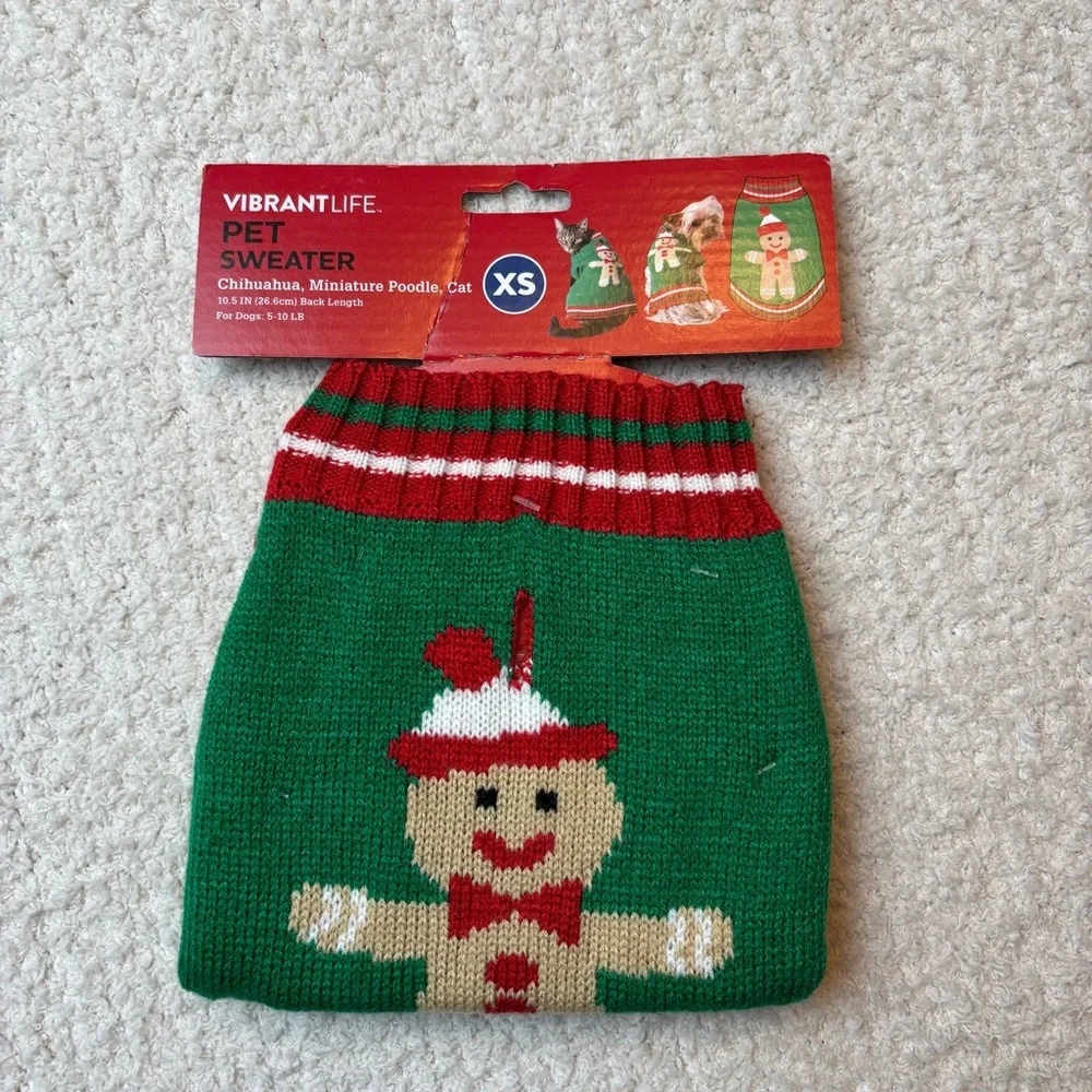 Vibrant Life Dog Sweater‎ XS Green Red Lot of 2 Holiday Gingerbread Merry Bright